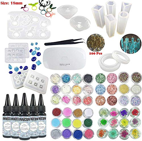 INNICON Kristallklares UV-Epoxidharz 5x30ml 14X Silikonformen mit 48X Glitzerdekorationen Sets Pigmentdekorationen Lampe Pinzette Anhänger für Anhänger Halsketten Ohrringe Armbänder Charms