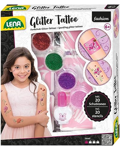Lena 42440 - Fashion Glitter Tattoo Set, Mode Set zum Stylen und Schmücken mit 4 Glitzerfarben, Pinsel, Latex und zehn Schablonen, abwaschbarer Körperschmuck für Mädchen ab 6 Jahre Bunt