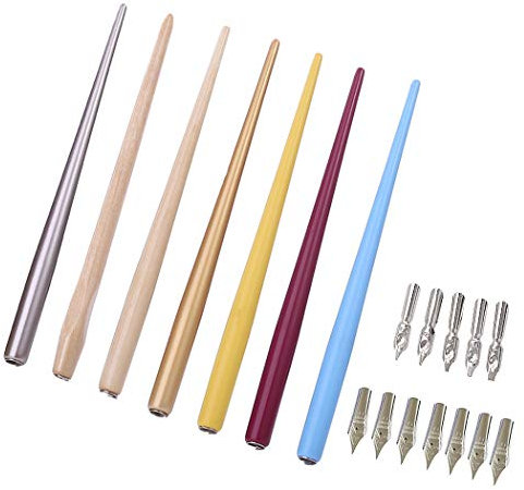 SIPLIV Professional Manga Gothic Pen Dip Pen Calligraphy Drawing Pen Kit, 7 Pen Holders Handles, 12 Nibs (7 Fountain Pen Nib, 5 Flat Nib) - 7 Pcs B