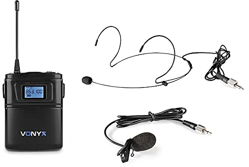 Vonyx WM60B Petaca Transmisora para Micrófonos Inalámbricos de Serie WM6, con Microfono Solapa y Micrófono de Diadema Color Negro Incluidos, Petaca para Micro Inalambrico