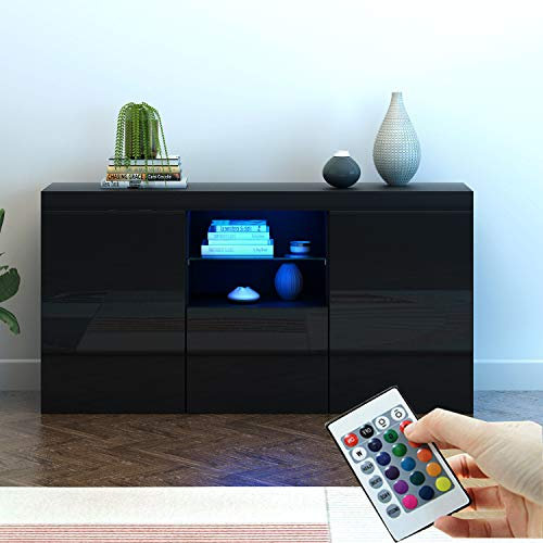 Panana High Gloss 3 Door Sideboard Cupboard with LED Lights Display Cabinet Storage Unit for Living Dining Room Bedroom Furniture (Black)
