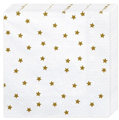 Servietten Sterne Gold Weiß – 20 Stück 3-lagig 33x33 cm | Festliche Papierservietten für Hochzeit, Geburtstag, Taufe, Erstkommunion, Weihnachten, Silvester & Party Tischdeko