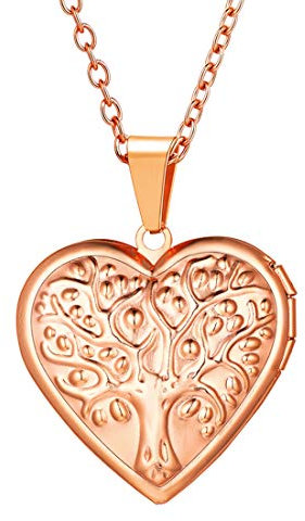 U7 Collana Donna Foto Personalizzata Pendente Medaglione Cuore Albero della vita Locket Ciondolo Portafoto + Catena Regolabile, Placcato Oro Rosa, Regalo Perfetto con Confezione