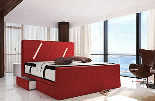 Sofa Dreams Boxspringbett Toulon Lederbett Gestell in Leder mit Hotelmatratze Stauraum LED Licht 140x200 160x200 180x200 200x200 200x220 (140 x 200 cm, Rot)