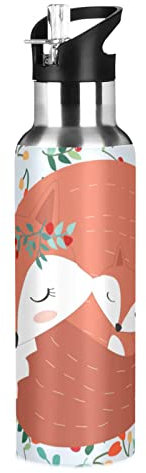 Bouteille d'eau isotherme en acier inoxydable avec couvercle à paille - Motif renard - 600 ml
