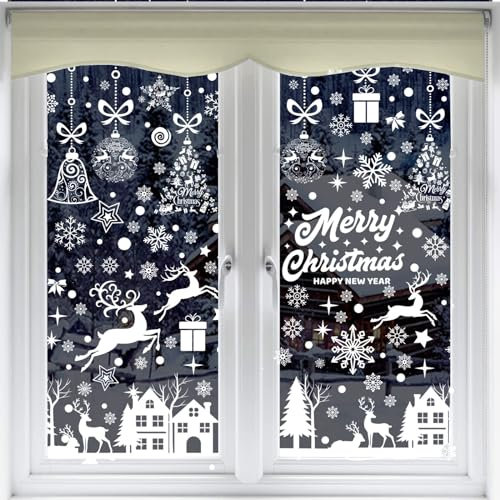193PCS Christmas Window Stickers, Double Sided Xmas Window Sticker, Reusable PVC Static Xmas Stickers Snowflake Sticker White for Christmas Decorations