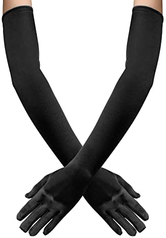 55 CM Damen Lange Satin Handschuhe, Dehnbar Ellbogen Handschuhe Opernhandschuhe, 1920er Stil Handschuhe, Abendhandschuhe für Hochzeit Karneval Mottoparty Abschlussfeier (Schwarz)
