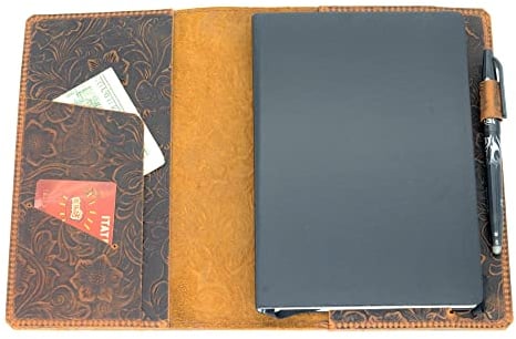 JJNUSA Ledereinband, kompatibel mit Leuchtturm 1917 Medium A5, 14,6 x 21 cm, Leder-Notizbuch, Reisetagebuch, Einband, Used-Look, nachfüllbar, Blume, Braun