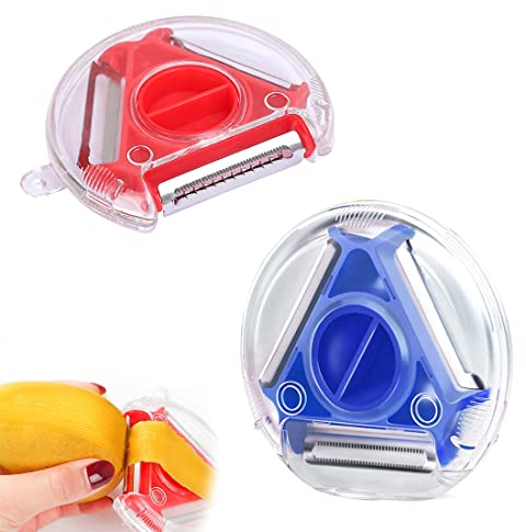 Amindz 2 Pcs Pelador Patata, 3 en 1 Pelador Vegetales Multifunción, Acero Inoxidable, Ideal para Pelar Patatas, Zanahorias y Diversas Verduras y Frutas (Azul + rojo)