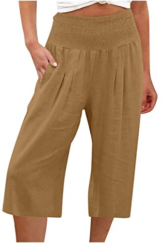 Susenstone Pantalon Court Femme Été Pantacourt Fluide Jambe en Coton et Lin Pantalon de Jogging léger pour Femme Pantalon de Longueur 3/4 à séchage Rapide Pantalon Jaune XL