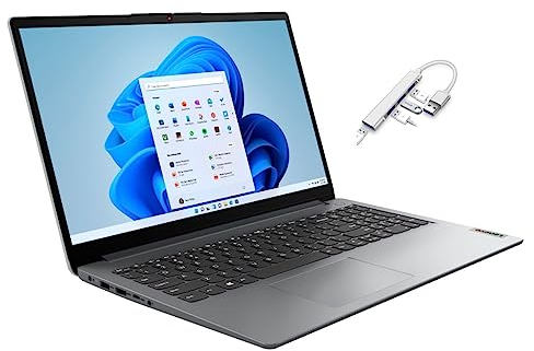 Lenovo Ideapad 1 15.6 HD Laptop | AMD Athlon Silver 7120U Processor | 4GB RAM DDR5| 512GB SSD | AMD Radeon Graphics | Windows 11 Home | Grey | Bundle with USB 3.0 Hub
