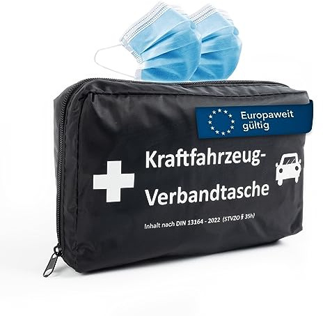 Floordirekt KFZ-Verbandtasche inkl. Warnweste & 2 Masken - Erste-Hilfe-Tasche nach DIN 13164 - Europaweit gültig - Verbandskasten Set für Auto & Motorrad (mit Warnweste)