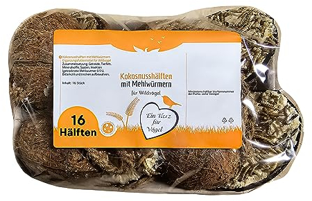 Blumixx Vogelfutter Kokosnusshälften mit Mehlwürmern – Proteinreiches Wildvogelfutter, Ganzjahresfutter zum Aufhängen, geeignet für Vögel & Eichhörnchen, 16 Stück