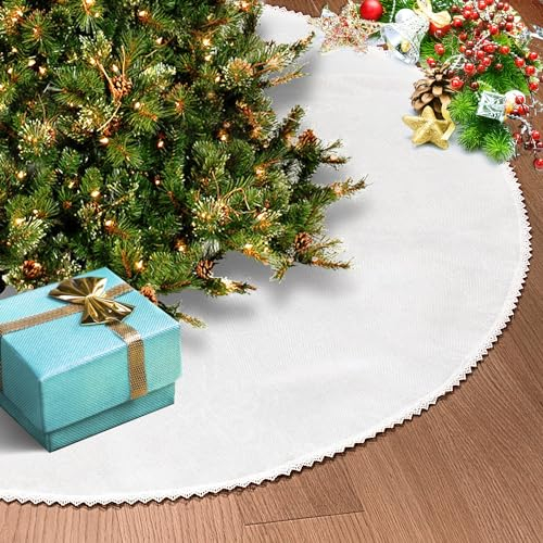 SevenFish Weihnachtsbaumrock, weißer Weihnachtsbaumrock, 121,9 cm, weich, doppellagig, Jute, Baumrock mit Spitzenkante für rustikale Weihnachtsfeiertagsdekorationen