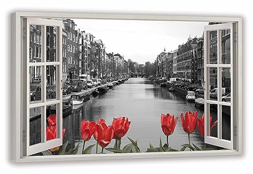 HUBDECO Leinwandbild Fensterblick Amsterdamer Tulpen Bild 70x50 cm - Landschaftsbilder auf Leinwand - Wandbilder Wohnzimmer - Bild Fenster mit Ausblick - Aesthetic Room Decor - Wanddeko Schlafzimmer