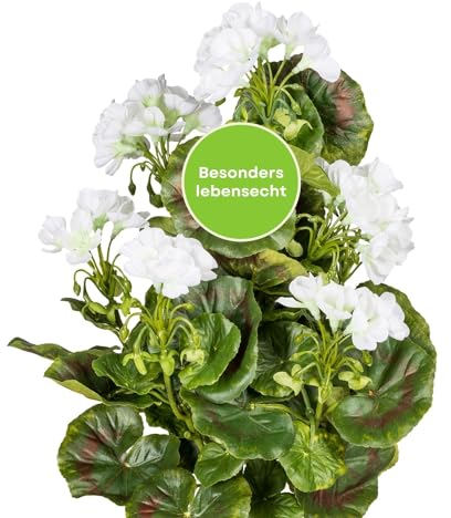 CREATIV green künstlicher Geranien-Busch 40cm in weiß I Geranien künstlich mit naturgetreuen Blüten I künstliche Geranien UV-beständig & realitätsnah I stilvolle Kunstblumen wie echt