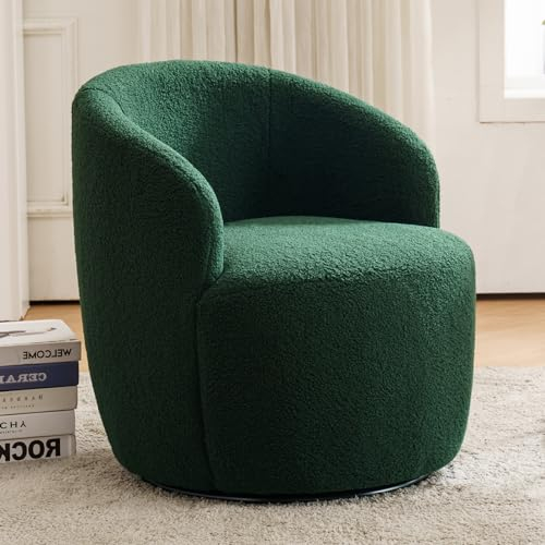 DEKKETO Teddy Swivel Cuddle Chair, Round Accent Tub Armchair with 360° Rotating Metal Base, Comfy Cozy Boucle Chair Sofa Reading Chair for Living Room Bedroom, Green