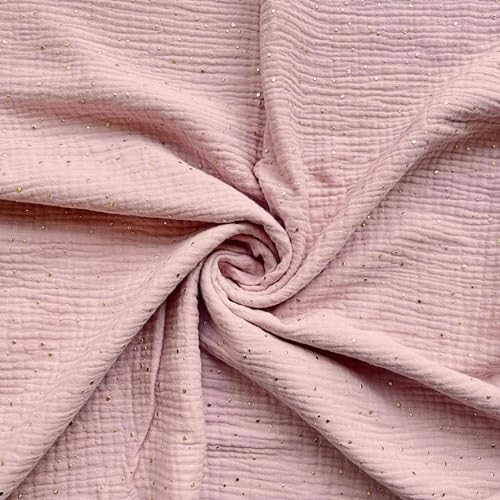 Textrend Tissu mousseline au mètre, Double gaze - 100% coton, tissu anti-allergénique, Textrend 1x1.45m - Tissu de couture, Idéal pour les bébés (Rose sale clair avec des points dorés)