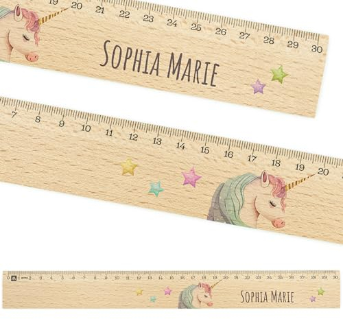 Lineal personalisiert für Kinder 30cm aus Holz - UV-Druck- Lineal mit Namen - Geschenkideen Schultüte - Geschenke für die Einschulung und Schulstart - Schulanfang - Schulbedarf Mädchen - Einhorn