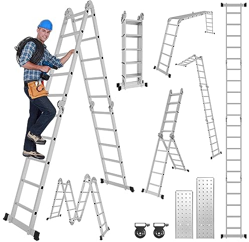Yakimz Scala multiuso in alluminio, 4 x 5 gradini, 5,8 m, con piattaforma, con 2 piastre di ponteggio, scala multiuso, scala a pioli fino a 150 kg, scala pieghevole, 20 gradini, argento
