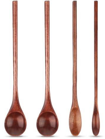 Abeillo Cuchara de miel de madera, 4 unidades, cuchara de madera de miel, cuchara de madera con mango largo para miel, café, té, sopas (marrón oscuro)