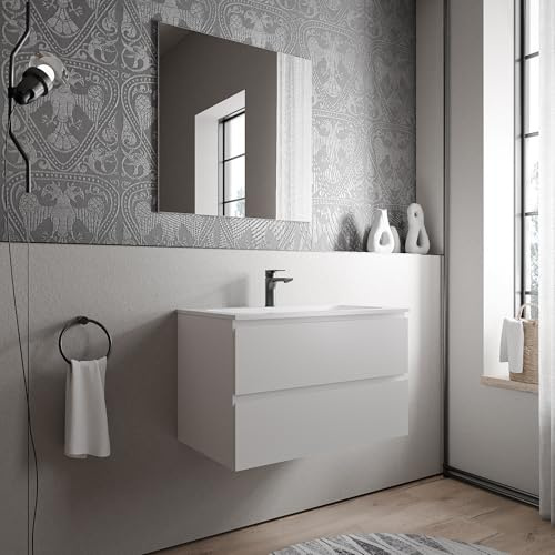 BERNSTEIN Badmöbel-Set Ava 80cm bestehend aus Mineralguss-Waschbecken mit Unterschrank in Weiß matt, Waschtisch CREAM - Weiß matt mit Hahnloch, Ideal für mittelgroße Bäder und Badezimmer