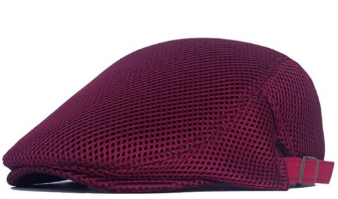 HIQIU Unisex Schirmmütze Baskenmütze Herren Atmungsaktiv Mesh, Flatcap Damen Sommer Gatsby Newsboy Barett Kappe, Schiebermütze Herren Sommer Hut Sportmütze Einstellbar 55 cm-60 cm (Weinrot)