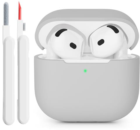 KOKOKA Silikonhülle Kompatibel mit AirPods 4 2024 Hülle Case, Front-LED Sichtbar, Stoßfeste Weiches Silikon Schutzhülle Case für AirPods 4. Generation mit Reinigungsset, Grey