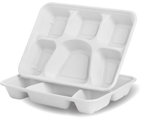 ShreeFit 50Pcs Paper Plates Disposable Dishes Biodegradable Bagasse Trays Natural Recyclable Ideal for Birthday, Anniversary, BBQs, Picnics, Parties Suitable for Hot & Cold Food (6 Compartments)