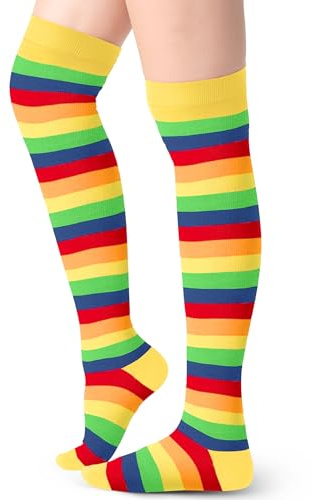 Blulu Chaussettes au Genou Longues Rayées Chaussettes Hautes à Rayures Bas Rayés au Genou pour Femmes(Jaune arc-en-ciel)