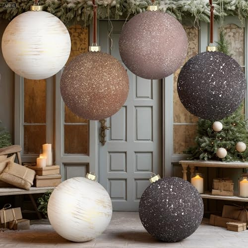Tigeen 4 Stück 6 große, neutrale Weihnachtskugeln, extra groß, Samt, Vintage, rustikal, braun, hängende Ornamente, 150 mm, Glitzer, Erdton, Winterkugeln für Bauernhaus, Weihnachtsbaum, Heimdekoration