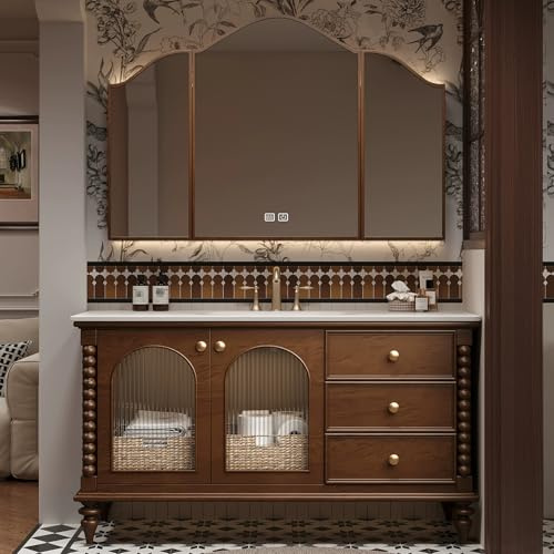 ARKCHIU Set di Mobili da Bagno, Mobiletto da Bagno con Lavandino, Armadietto A Specchio, Set RubinettoBrown,90cm/36in