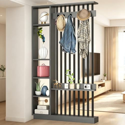Raumteiler mit Regalen, Trennwand für den Eingangsbereich, Säule vom Boden bis zur Decke – freistehender Raumteiler mit Ablagefach, freistehende Dekoration für Schlafzimmer (B Black + Gray, 120cm)