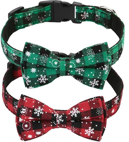 Weihnachten Hundehalsband mit Hunde Fliege Abnehmbarer, Weich und Bequem, verstellbares Hundehalsband, 2 Stück, Sicherheitsschnalle, Schneeflocke mit Weihnachten Design (S)