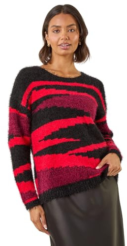 Roman Originals Fluffy Yarn Jumper for Women UK Ladies Thick Sweater Warm Cosy Chunky Knitted Pullover Winter Furry Casual Smart Textured Everyday Cuddly Soft Knitwear - Noir Red - Size 10