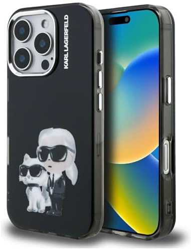 CG MOBILE Karl Lagerfeld IML Aquarelle Karl & Choupette & Logo Hülle für iPhone 16 Pro (Schwarz)