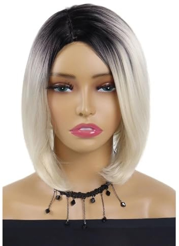 Yaki-glatte, Synthetische Damenperücke Aus Glattem Haar, Kurzer Bob Mit Seitenscheitel Und Lace-Front, Hitzebeständige Kunstfaserperücke Flauschigs und Natürlich(Ombre Platinum Blond)