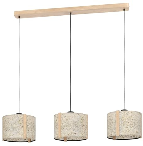 EGLO Hängelampe Hontongas, 3-flammige Pendelleuchte über Esstisch | Esszimmerlampe aus Holz in Buche und Textil mit getrocknetem Heu, Hängeleuchte mit E27 Fassung, 110 cm