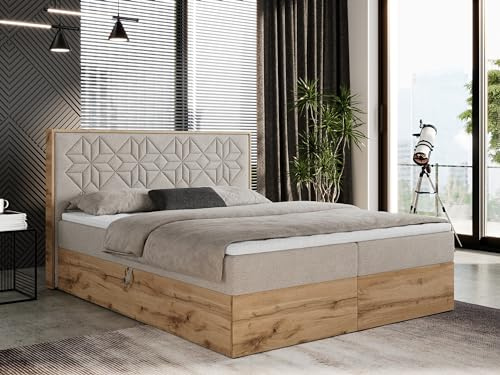 MKS MEBLE Boxspringbett 200x200 cm mit Bettkasten und Kopfteil, Polsterbett mit Matratze H4 und Topper Visco, Boxspringbett mit Massivholz - Nessi - Beige Strukture