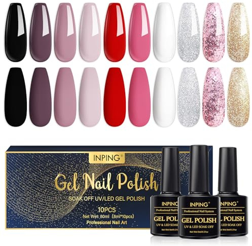 INPING Gel Nail Polish Set, Pink Black 10 Colors UV LED Nail Varnish 8ML | Spring Summer Fall Winter Polish for Women Nail Art Manicure Salon Easy To Apply Christmas Halloween