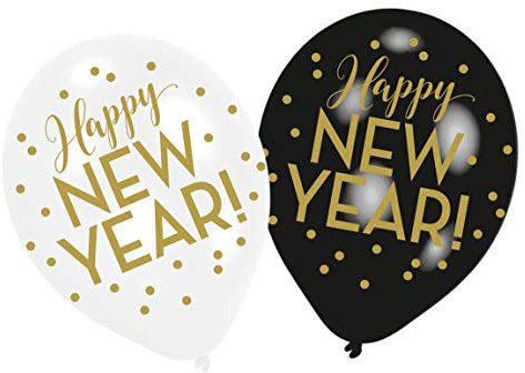 6 Happy New Year Ballons schwarz-weiß-gold 30cm - Weiß