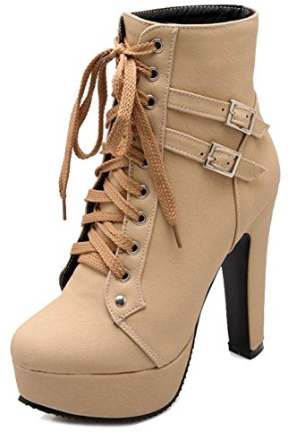 SJJH Damen Stiefeletten mit Absatz Plateau Stiefeletten mit Nieten (Beige, 45 EU)
