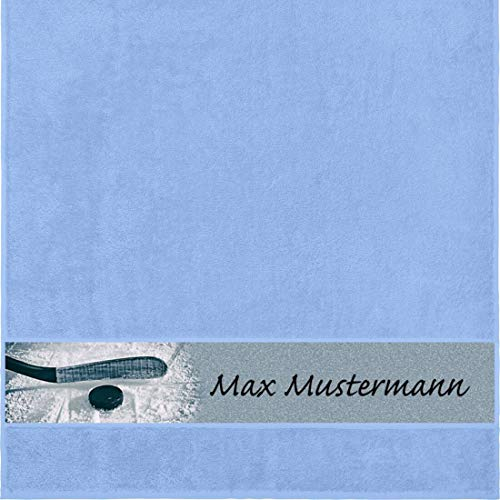 Duschtuch mit Namen - personalisiert - Motiv Sport - Eishockey - viele Farben & Motive - Dusch-Handtuch - hellblau - Größe 70x140 cm - persönliches Geschenk mit Wunsch-Motiv und Wunsch-Name