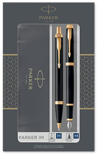 Parker IM Duo-Geschenkset mit Kugelschreiber und Füller, Hochglänzend Schwarz mit Goldzierteilen, Nachfüllmine und -patrone mit blauer Tinte, Geschenkbox