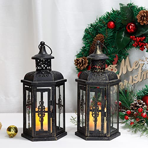 JHY DESIGN Glas Hängend Kerzen Laternen, 25cm Hohe Hohle Geschnitzte Dekoration Vintage Deko Kerzenhalter für Outdoor Wohnzimmer Garten Balkon Indoor Draußen Terrasse(Schwarz mit Goldpinsel)