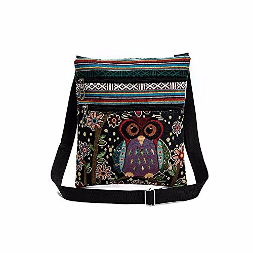 PPangUDing Umhängetasche Damen Retro Gestickte Eulen-Einkaufstaschen Schultertasche -Handtaschen-Briefträger-Paket-Stofftasche für Outdoor Gurttasche Zum Wandern Reisen Urlaub (D)