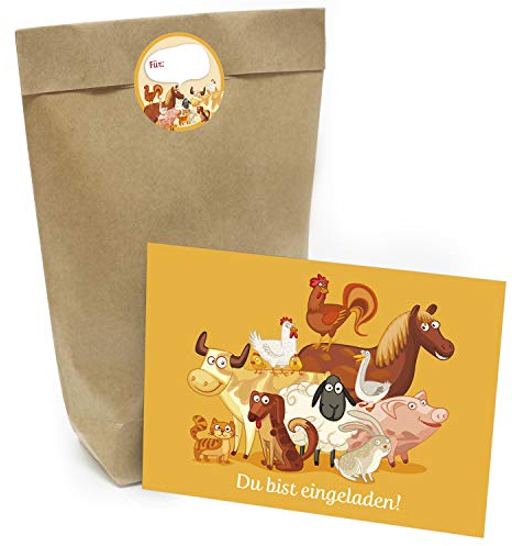 Kindergeburtstag Einladung Set mit je 8 Einladungskarten, Umschlägen, Mitgebsel-Tüten und Aufkleber - Motiv Bauernhof Geburtstag Kinder Einladungen Jungen und Mädchen niedlich