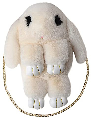 Umhängetasche für Damen mit niedlichem und weichem Kaninchen aus weichem Plüsch – Cartoon-Stil, pelziges Kaninchen für Mädchen, Beige, Einheitsgröße