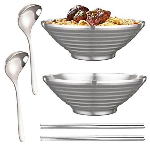 UPTALY 2 Sets Large 50 Ounce Japanese Noodle Bowls (9.5 inch x 3.4 inch), with Matching Spoons and Chopsticks, 18/10 Stainless Steel Ramen Bowl, Big Pho Bowls, Asian Soup Bowls, Thicken Udon Bowl