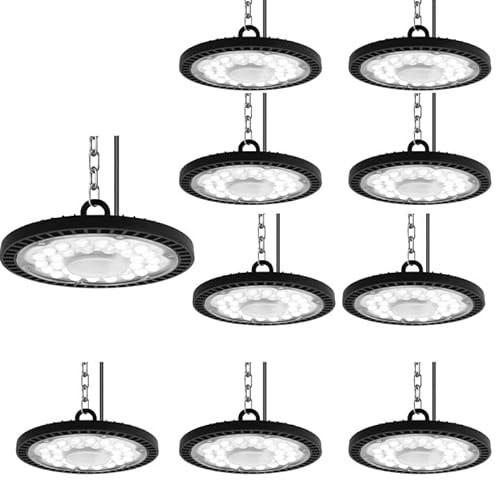 300W UFO High Bay Lumière, 30000LM Projecteur LED d'Entrepôt, IP65 Étanche Spot Intérieur 6000-6500K Blanc Froid pour Garage, Ateliers, Usine, Halls (10pcs)